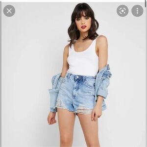 Topshop Moto Mom - Light Blue Ripped Denim Shorts
